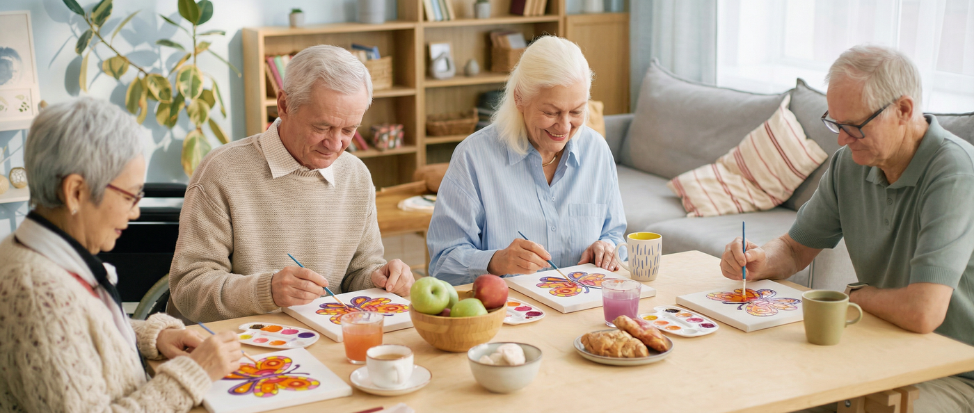 Group of elderly people sitting around a table, engaged in an art activity with various materials.