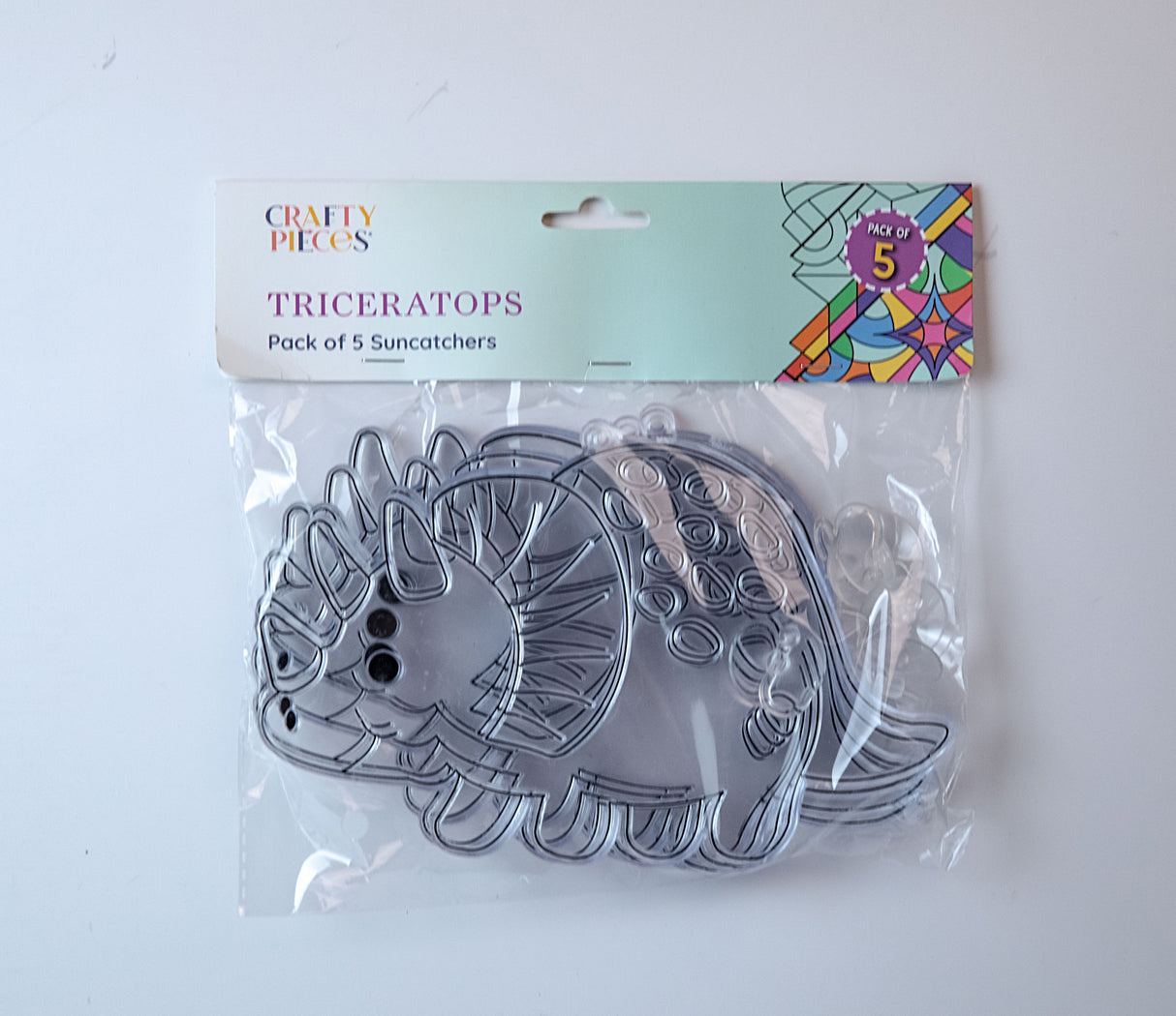 Suncatcher  -  Dino Triceratops   -  Pack of 5 with Suction Hooks
