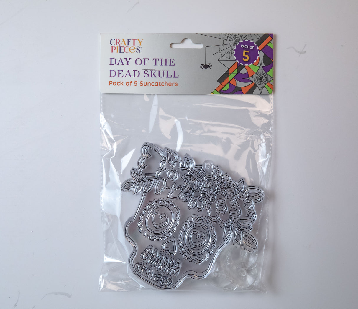 Suncatcher  -  Day of the Dead Skull  - Pack of 5 with Suction Hooks