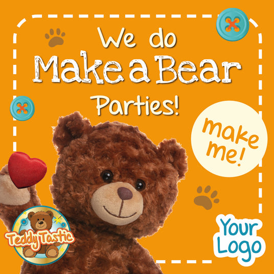 Teddy bear with a heart, promotional text for bear parties on an orange background
