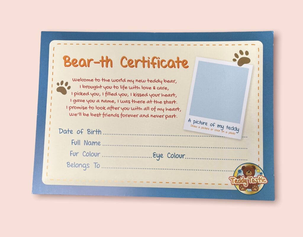 NEW Birth Certificate A5 (Double sided with instructions) Pack of 100 – INCLUDING MAKE A BEAR PROMISE