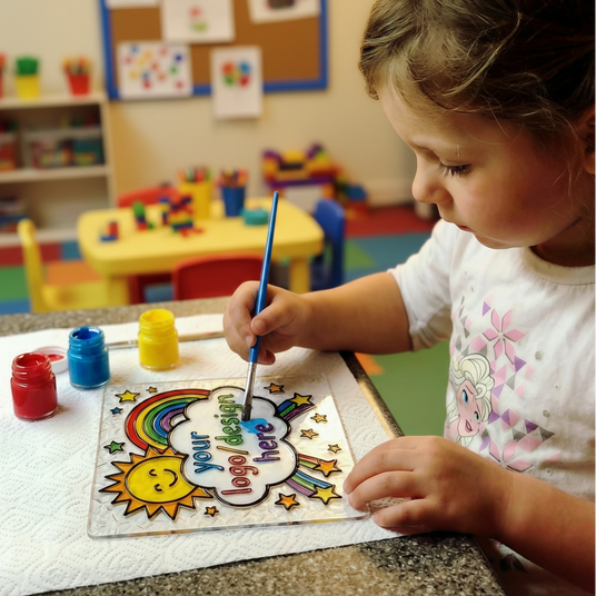 Child coloring a rainbow and sun design with text 'Your design here' in a classroom setting.
