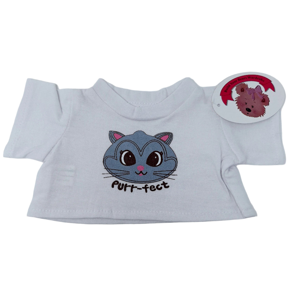 White T-Shirt with Purr-Fect Cat Face Design for Teddy Bears